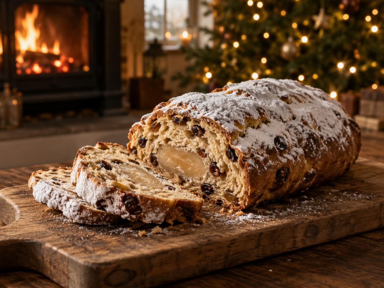 Feestelijke bakkerij met oliebollen, kerststol en taarten