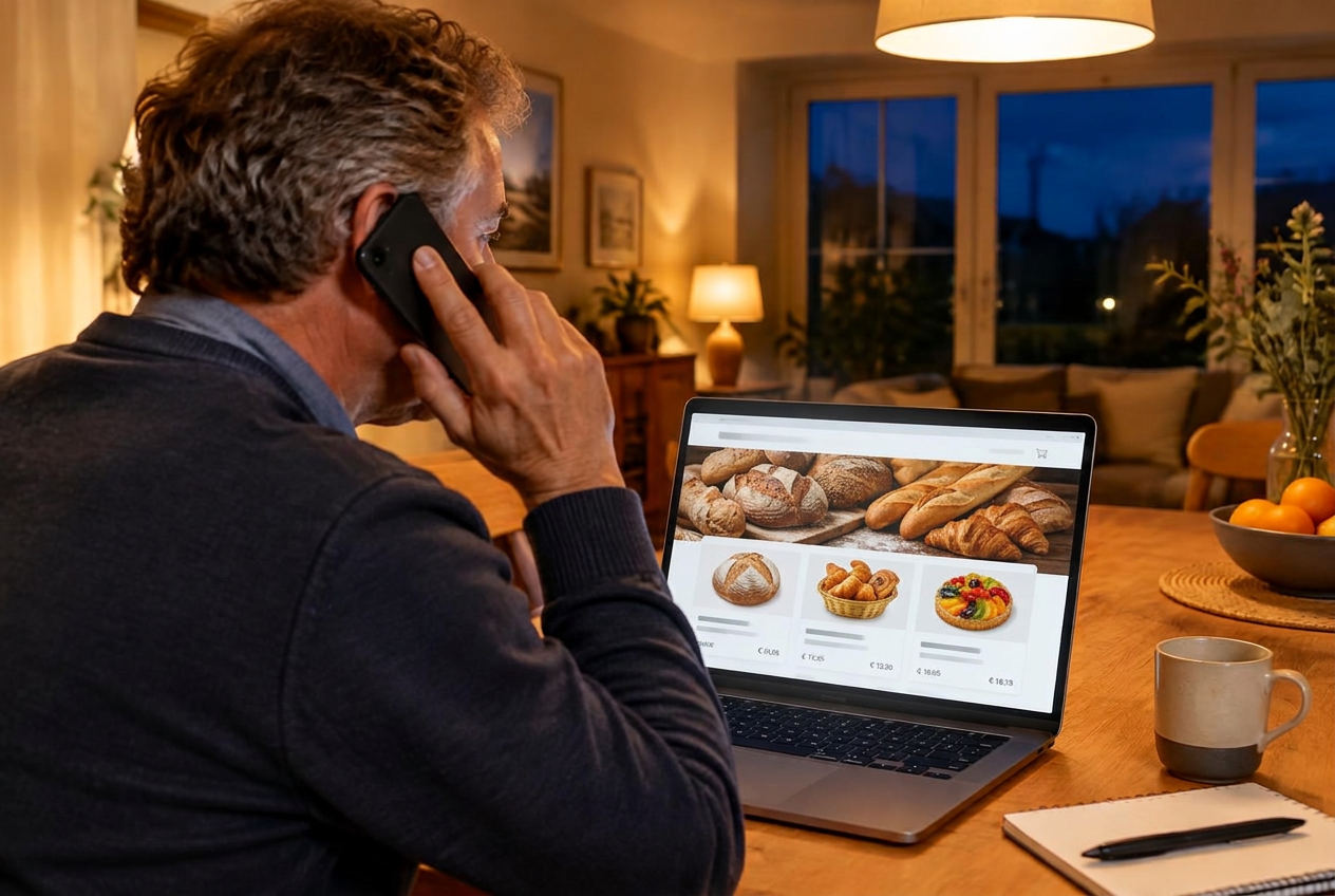 Klant bestelt 's nachts achter de laptop zijn brood en banket bij de bakkerij door terwijl hij belt met de virtuele medewerker