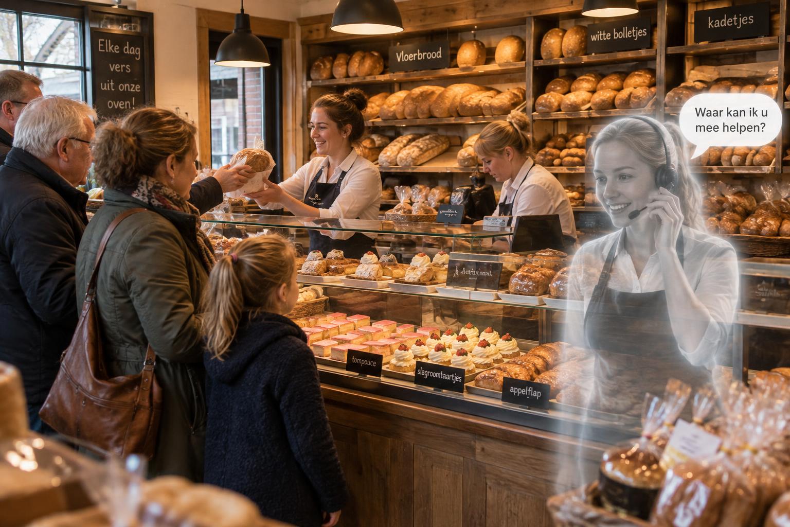 Drukke Nederlandse bakkerij met klanten voor de vitrine met taartjes, vloerbroden en witte bolletjes, terwijl een doorschijnende virtuele medewerker de telefoon opneemt: waar kan ik u mee helpen?